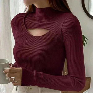 Burgundy Casual Women's Hollow Out Half Turtle Neck Sweater